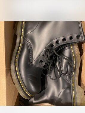 Dr. Martens Black Leather 8-Eye Lace-Up Boots with Yellow Stitching